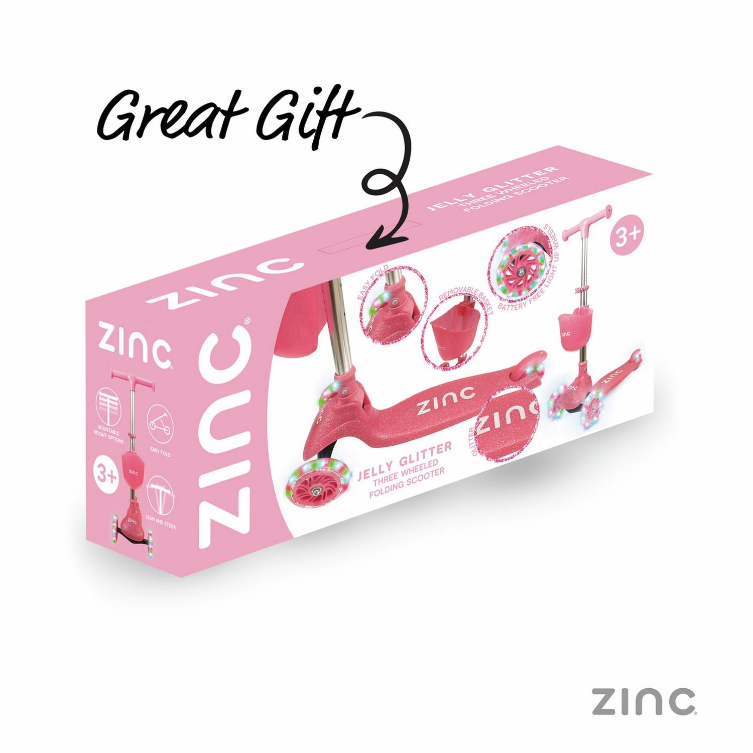 Zinc Jelly Glitter Pink Tri Scooter with light-up wheels, imported from the UK.