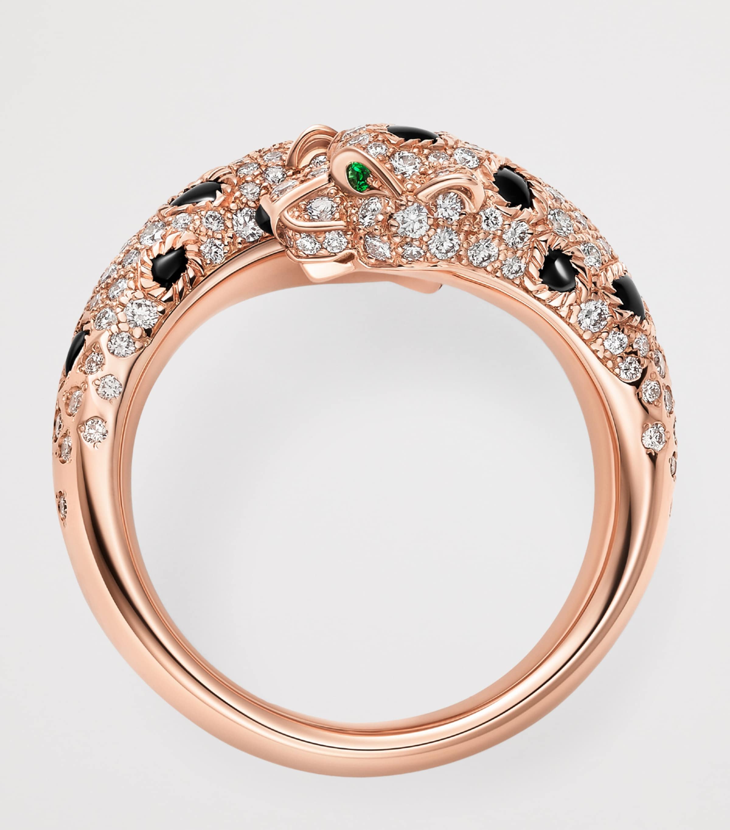 Cartier rose gold Panthère ring with diamonds, emerald, and onyx - British product
