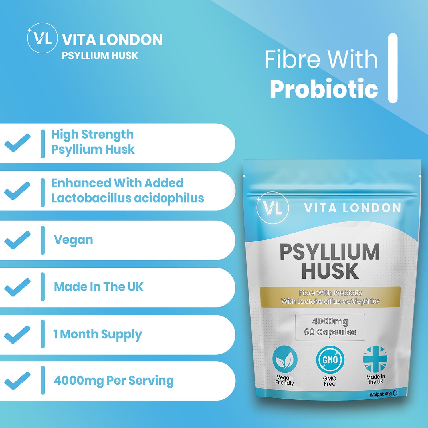 Vita London psyllium husk capsules high strength 4000mg probiotic 60 capsules - British product