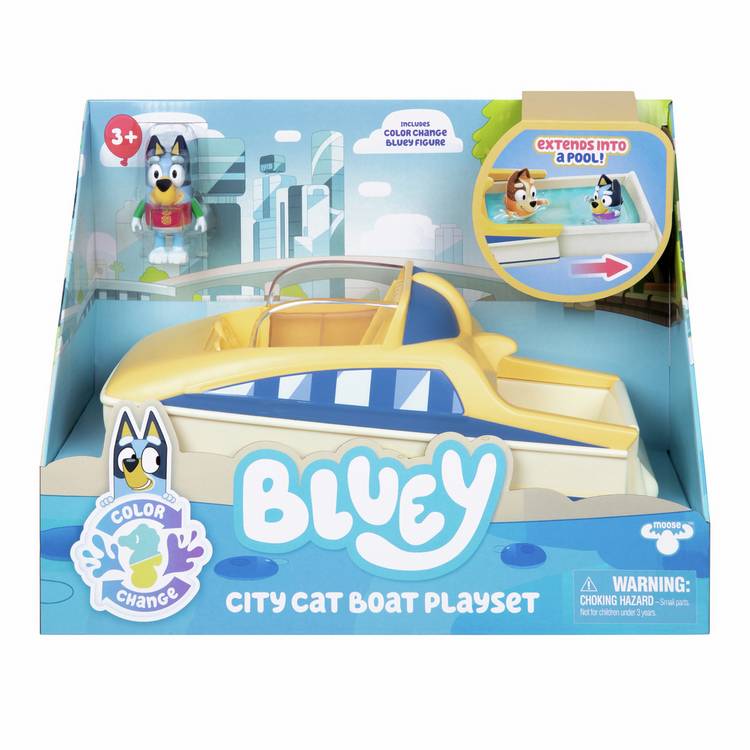 Bluey CityCat Boat toy with water pool and colour-change rashie (British brand)