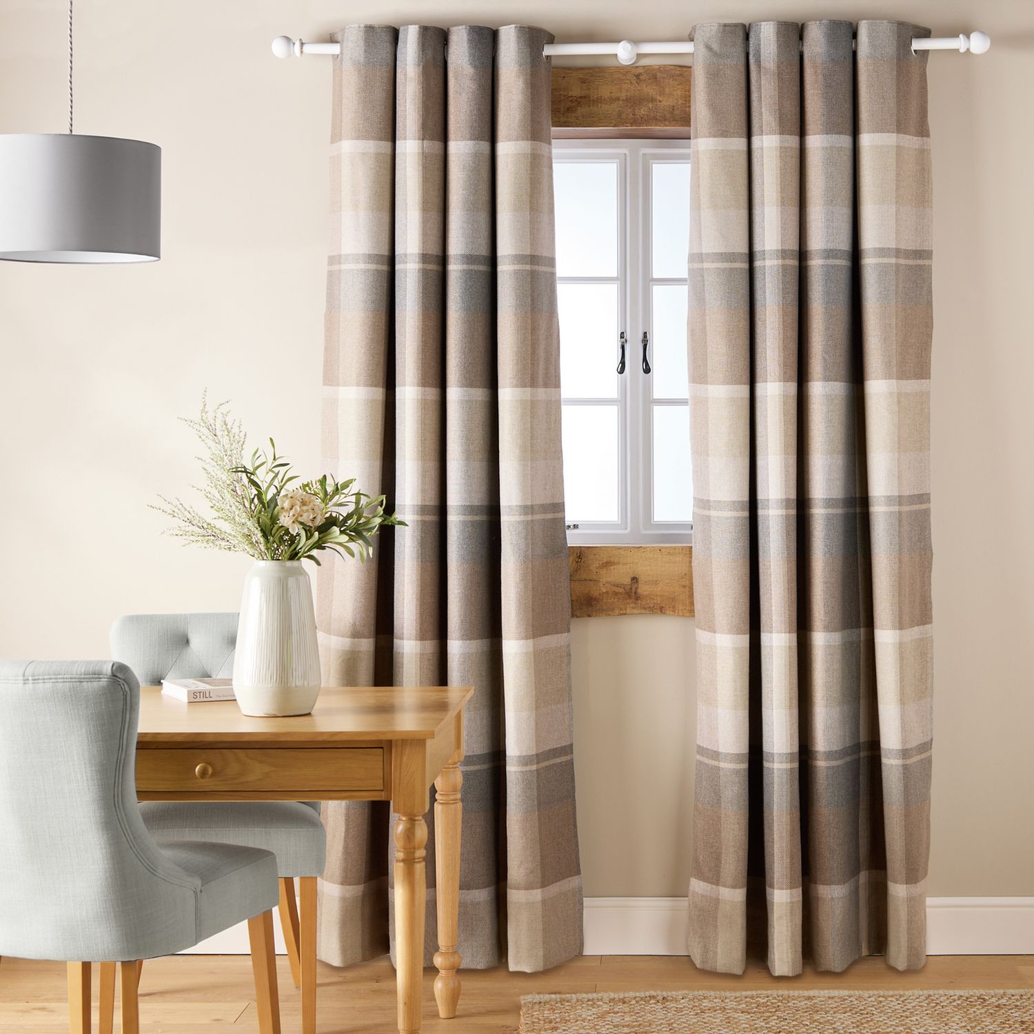 Argos Home Check Blackout Eyelet Curtains - Neutral - 168x183cm
