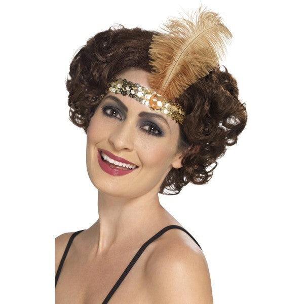 Smiffys flapper headband gold with feather, imported from the UK