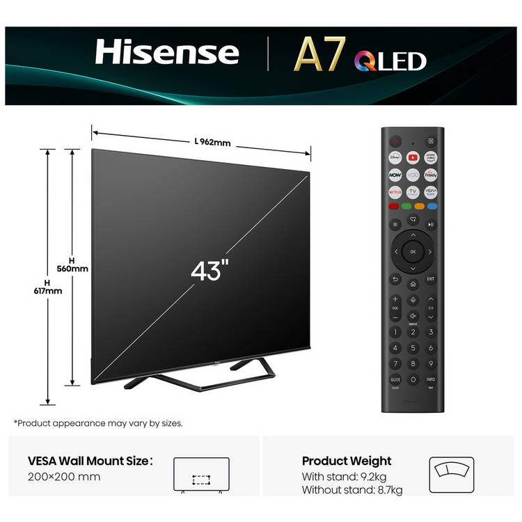 Hisense Smart TV QLED 4K HDR 43 inch (British brand)