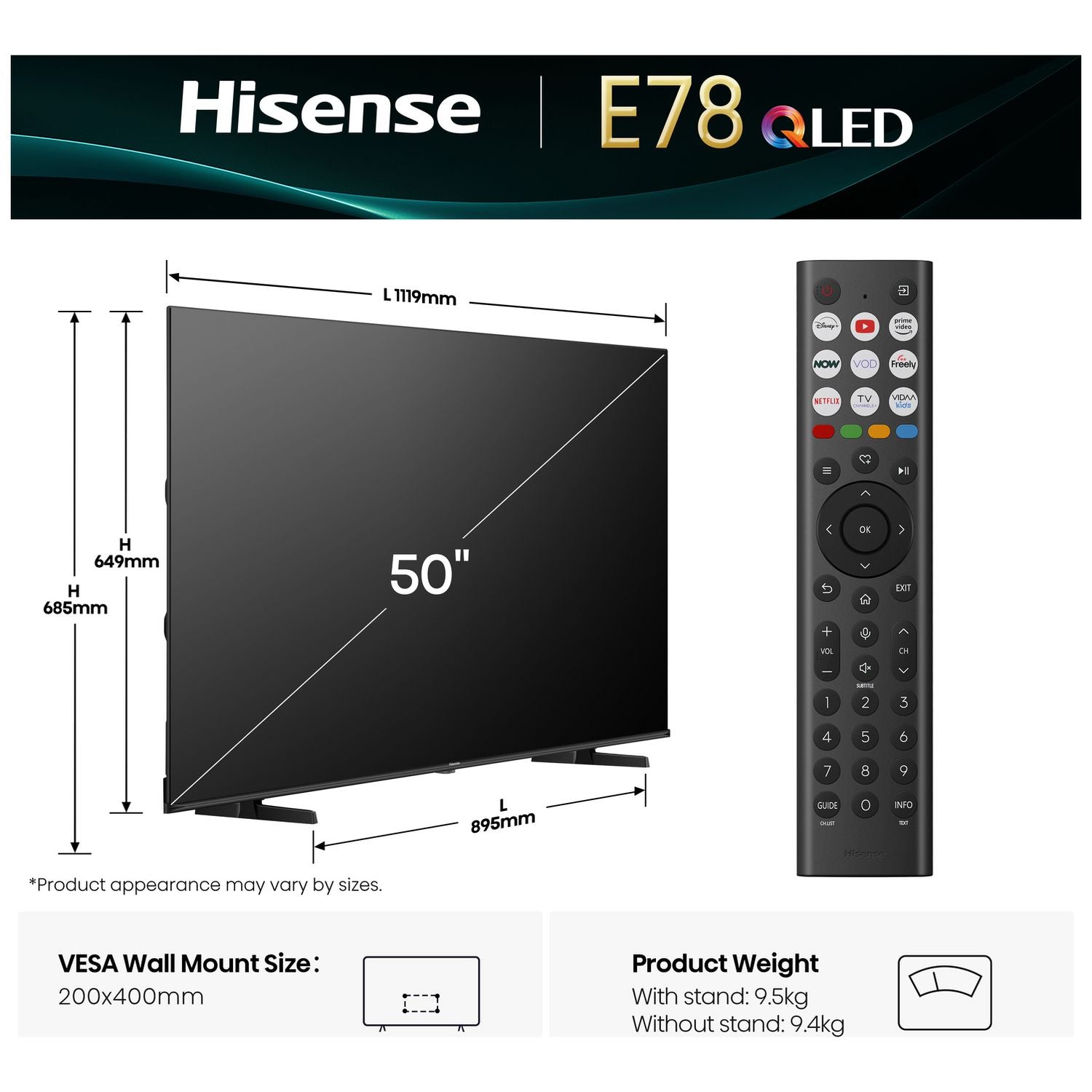 Hisense 50 inch QLED TV 50E78QTUK, imported from the UK