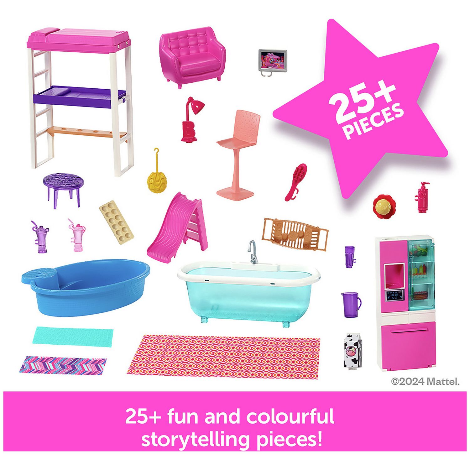 Barbie Estate Dolls House with pool slide, 3 dolls - British product