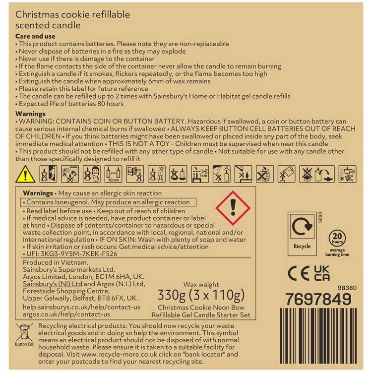 Argos Home bow refillable gel candle set Christmas Cookie scent - British product