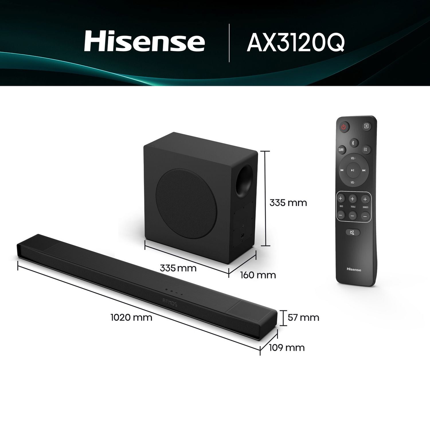 Hisense AX3120Q 3.1.2ch soundbar with wireless subwoofer (British brand)