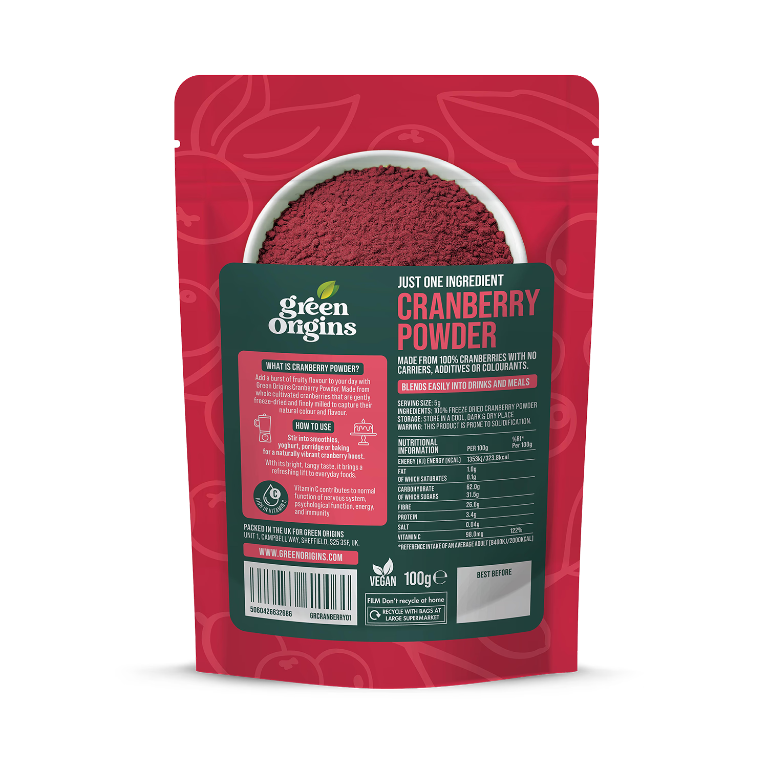 Green Origins freeze dried cranberry powder 100g, UK version