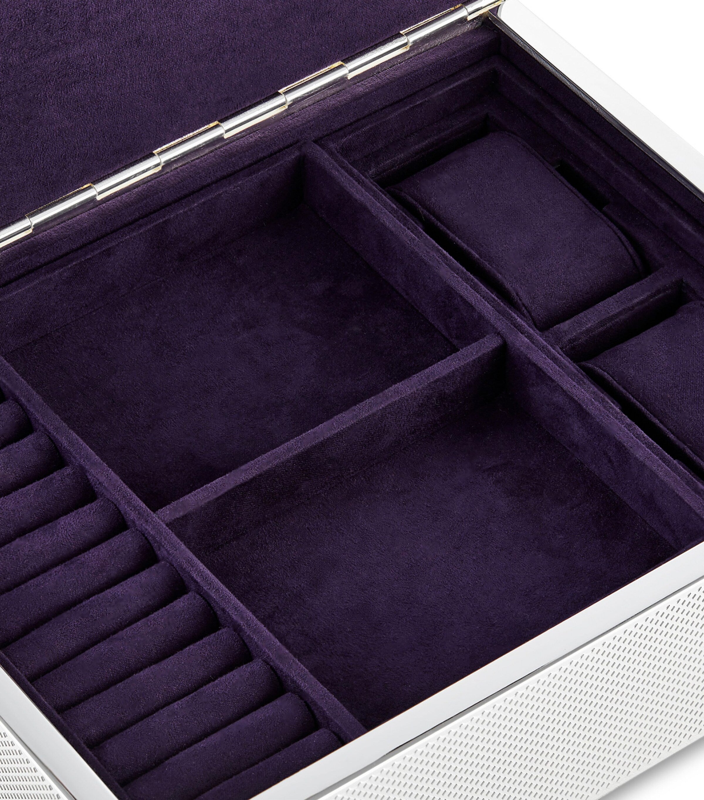 WOLF silver-plated iron jewellery box with detachable compartments and purple lining 7x25x20cm (British brand)