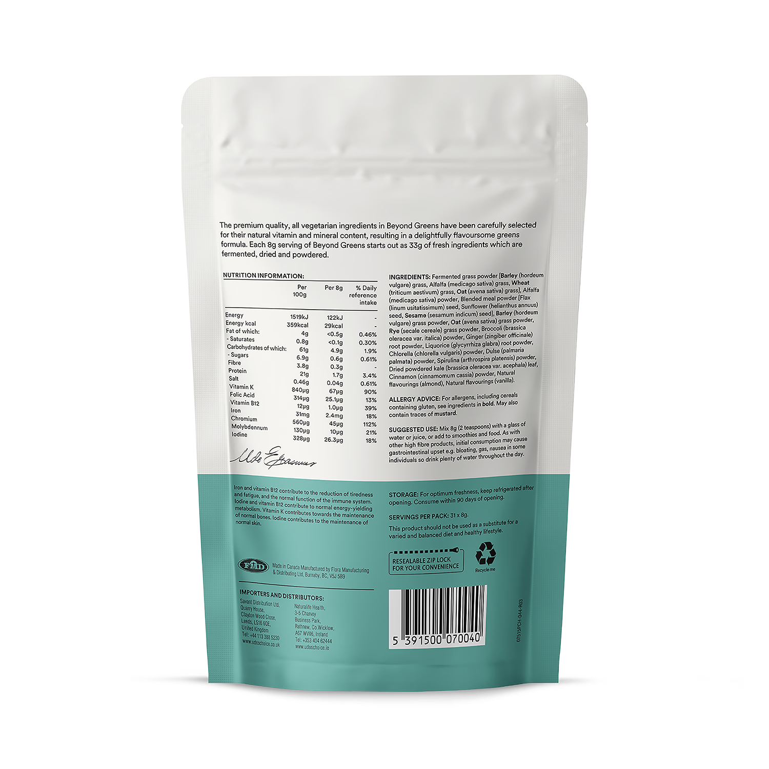 Udo's Choice organic greens powder 255g, imported from the UK