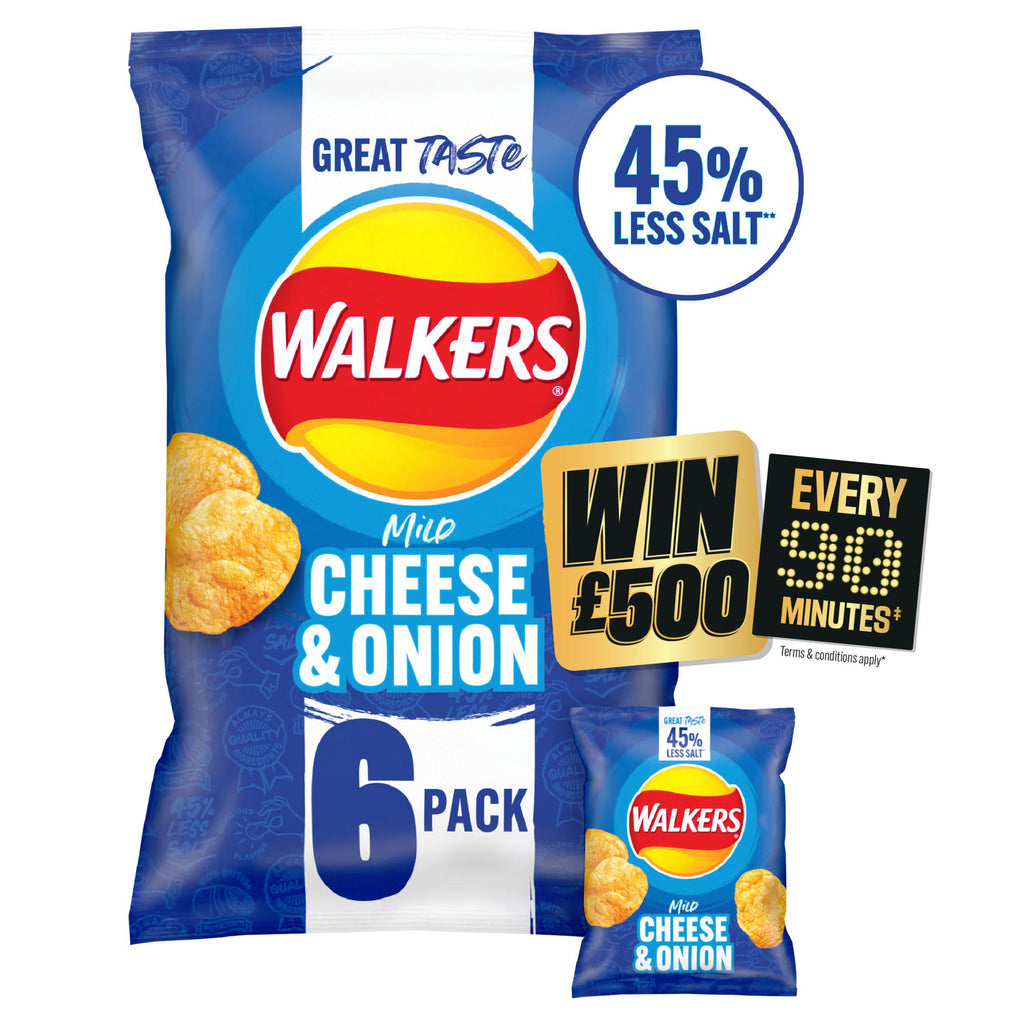 Walkers Less Salt Mild Cheese & Onion Multipack Crisps 6x25g