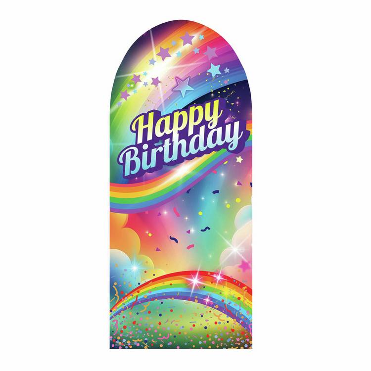 Rainbow birthday cardboard backdrop with star cutouts, UK version