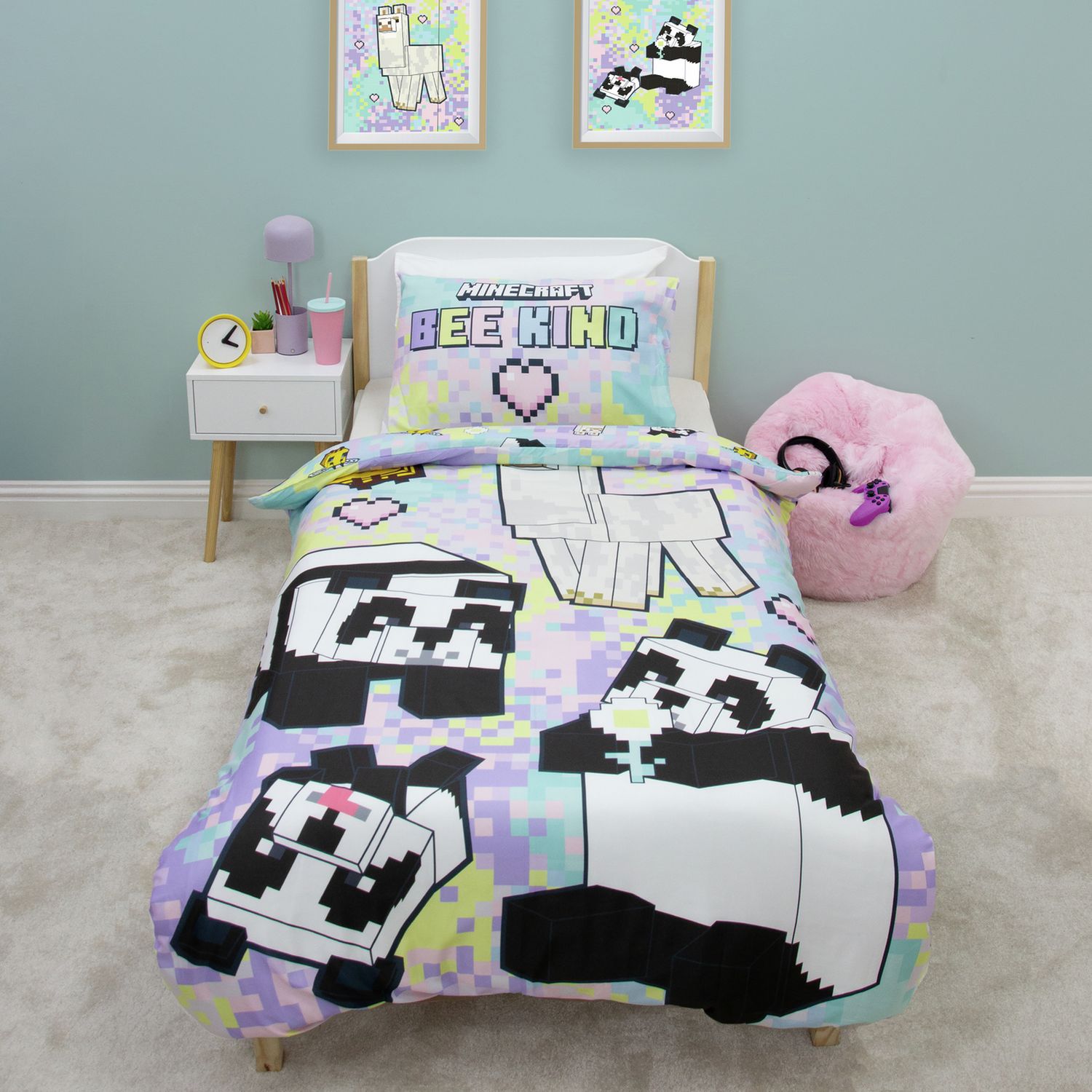 Minecraft pastel kids bedding single duvet and pillowcase (British brand)