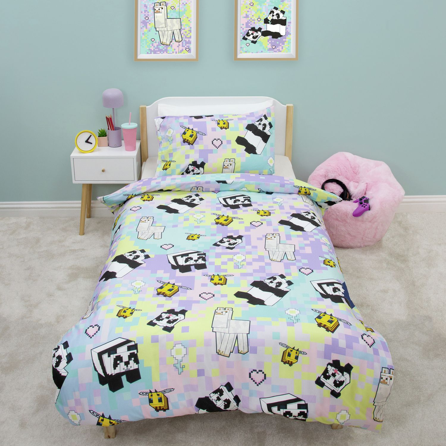 Minecraft pastel kids bedding single duvet and pillowcase (British brand)