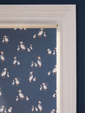Blue blackout roller blind with puffin print, imported from the UK