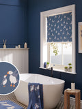 Blue blackout roller blind with puffin print, imported from the UK