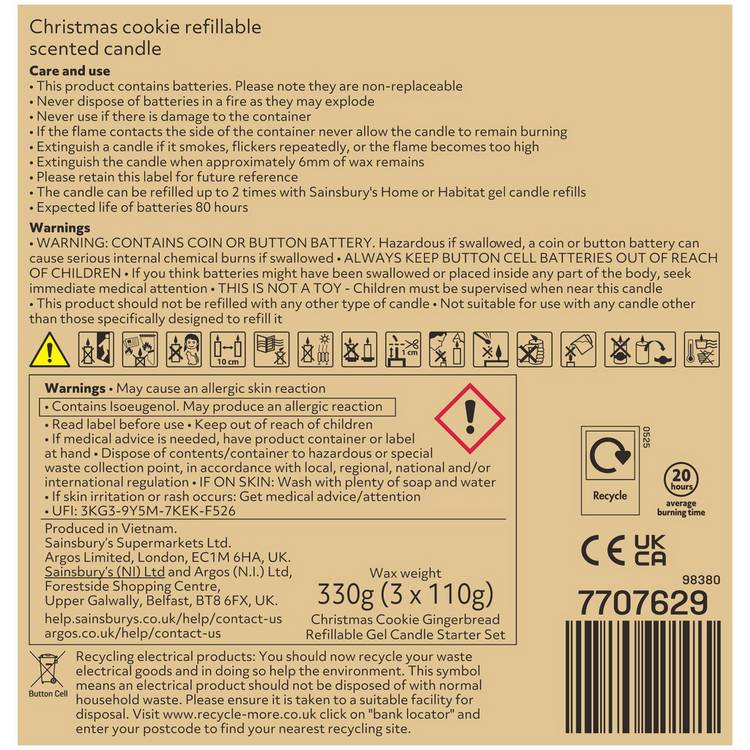 Argos Home refillable gel candle set Christmas Cookie, imported from the UK