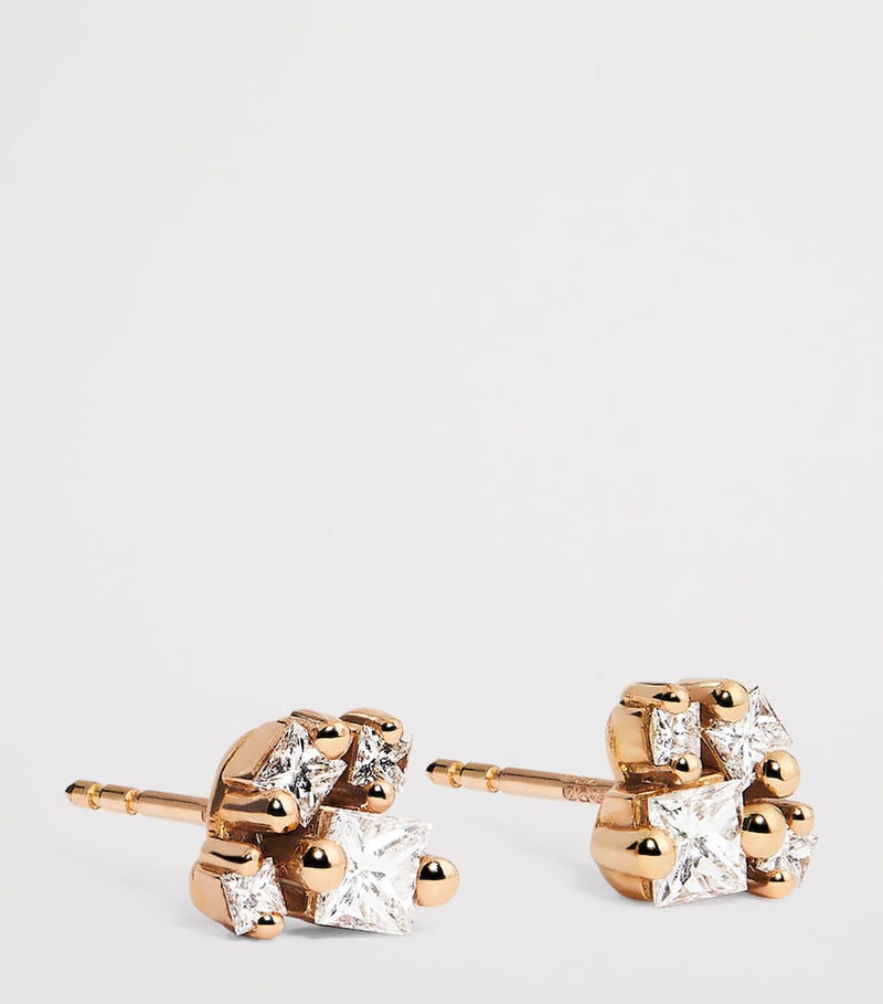 Suzanne Kalan rose gold diamond princess cluster stud earrings (British brand)