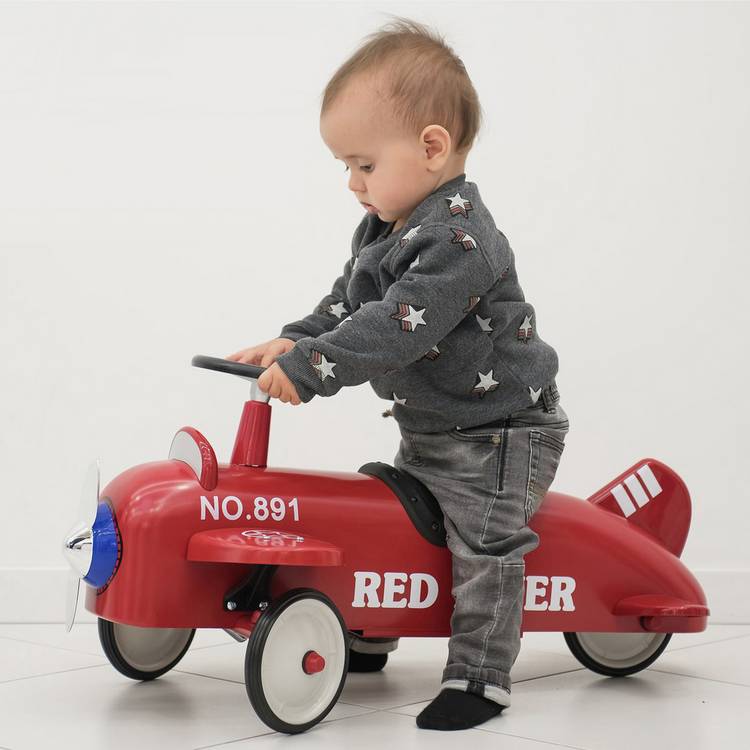 Goki red retro metal ride on airplane (British brand)