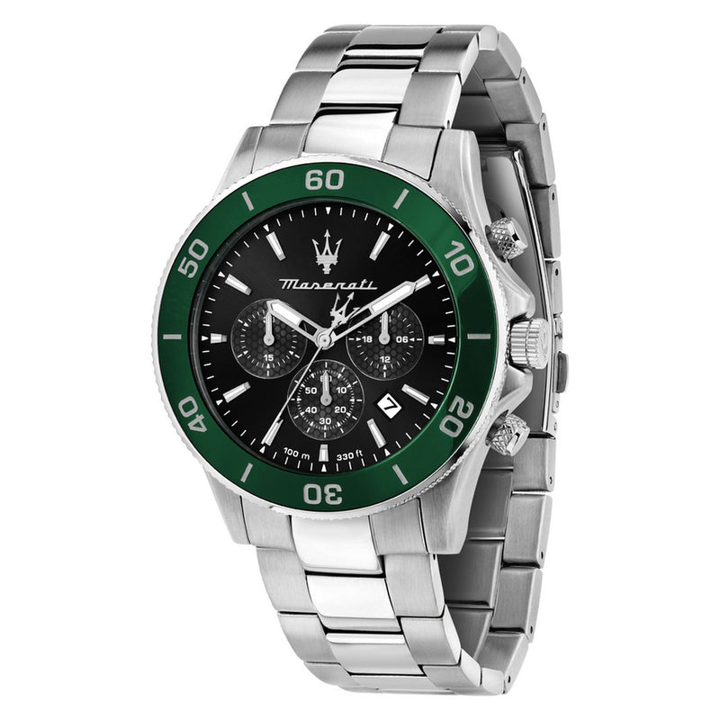 Maserati Chronograph watch with black dial and stainless steel bracelet, UK version