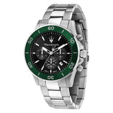 Maserati Chronograph watch with black dial and stainless steel bracelet, UK version