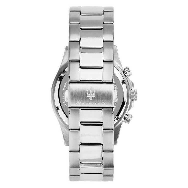 Maserati Chronograph watch with black dial and stainless steel bracelet, UK version