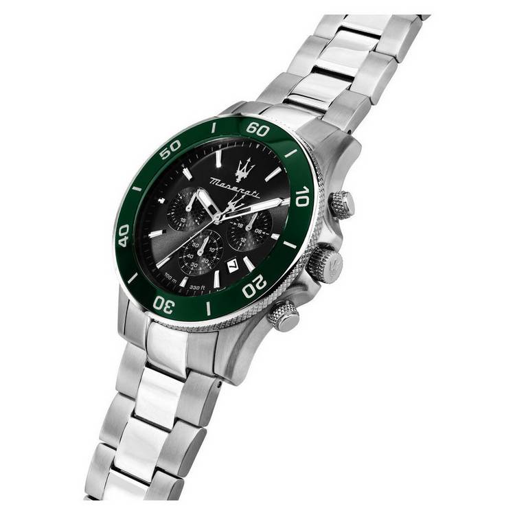 Maserati Chronograph watch with black dial and stainless steel bracelet, UK version