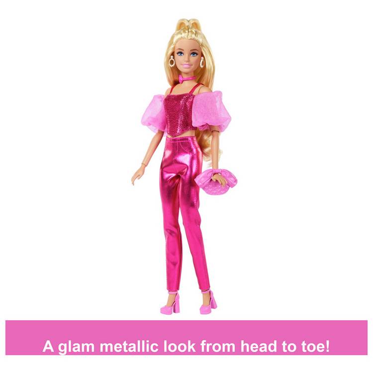 Barbie Deluxe Style fashion doll in metallic pink outfit 32cm - British product