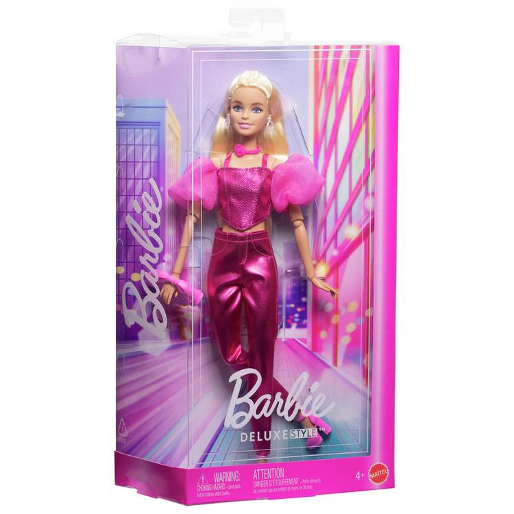 Barbie Deluxe Style fashion doll in metallic pink outfit 32cm - British product