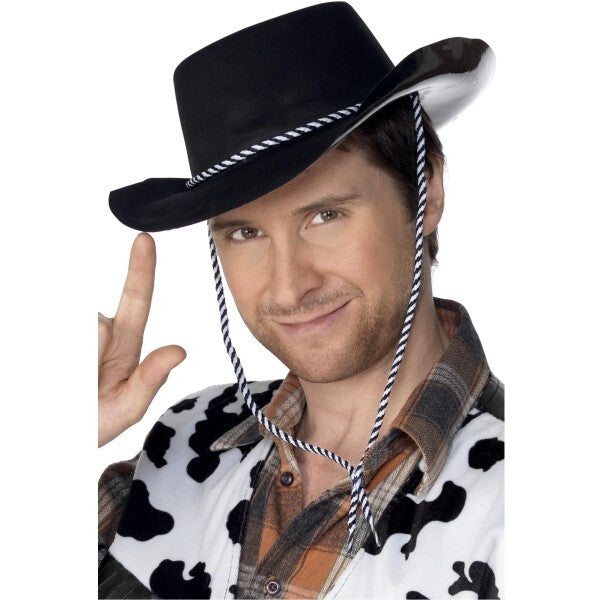 Smiffys Cowboy Hat Flocked Plastic Black with Cord - British product