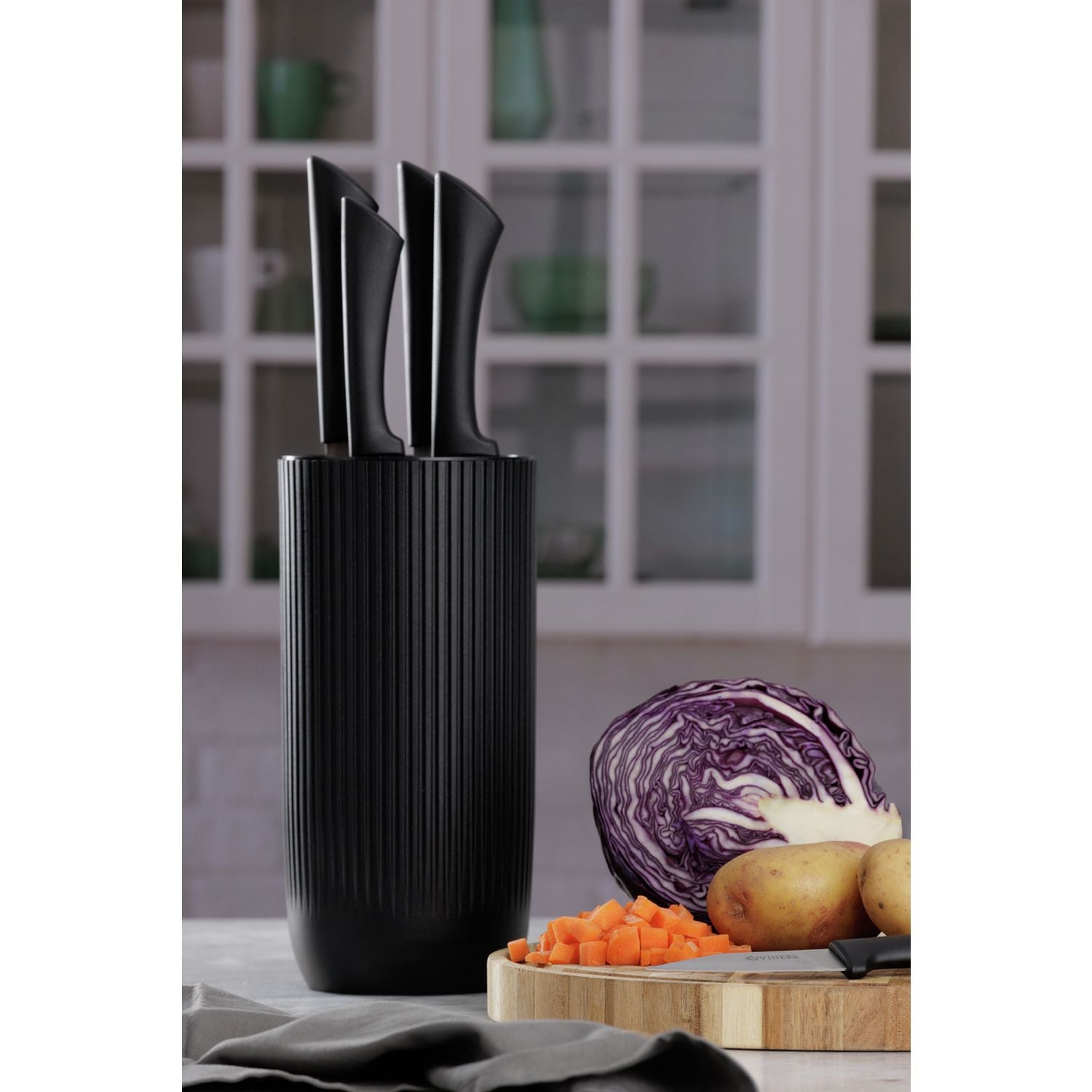 Viners 6 piece ribbed knife block set black, UK version
