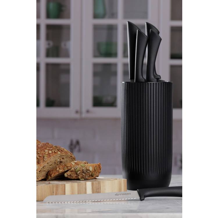 Viners 6 piece ribbed knife block set black, UK version