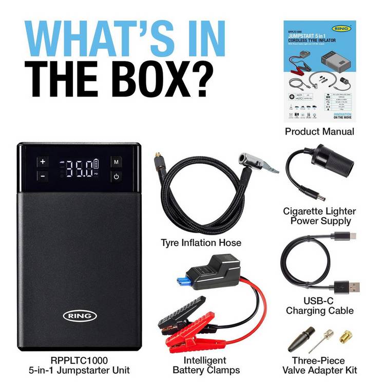 Ring 5-in-1 jump starter and tyre inflator (British brand)