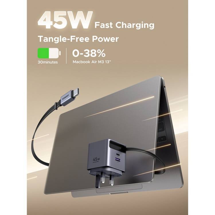 UGREEN 45W charger with retractable USB-C cable, imported from the UK