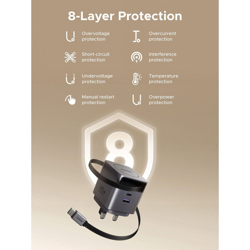 UGREEN 45W charger with retractable USB-C cable, imported from the UK