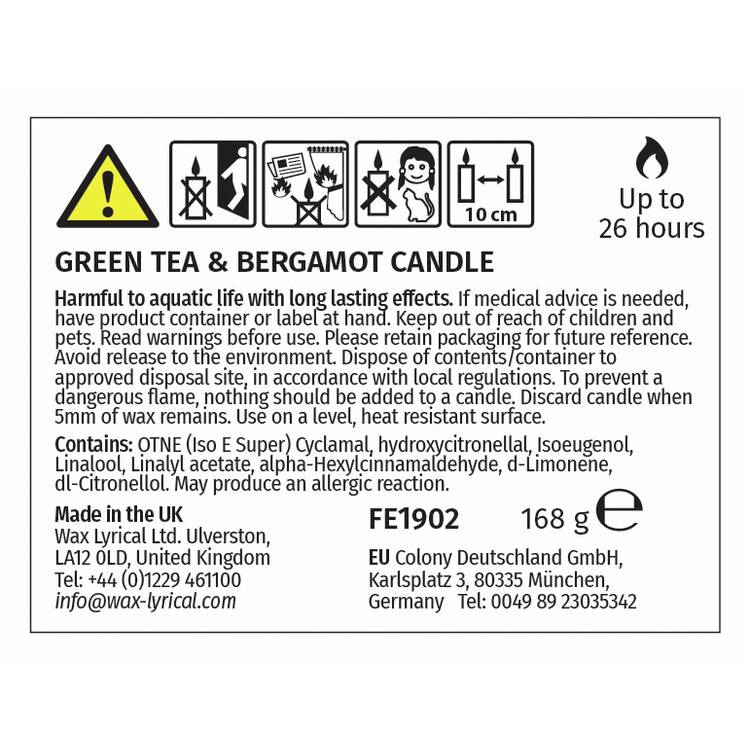 Fired Earth Green Tea & Bergamot candle 9.5cm - British product