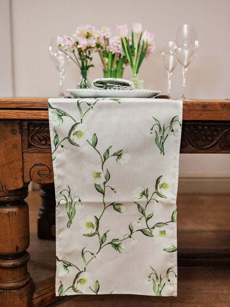 Avalon Home snowdrop and hellebore table runner 32x230cm, UK version