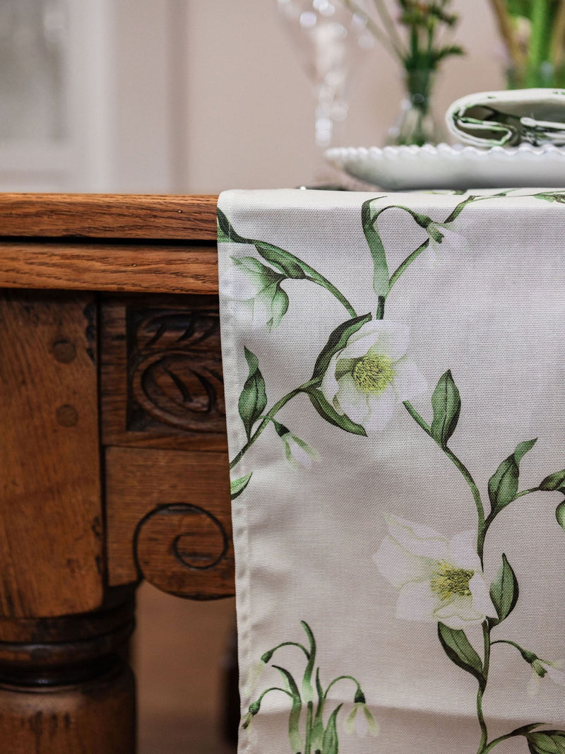 Avalon Home snowdrop and hellebore table runner 32x230cm, UK version