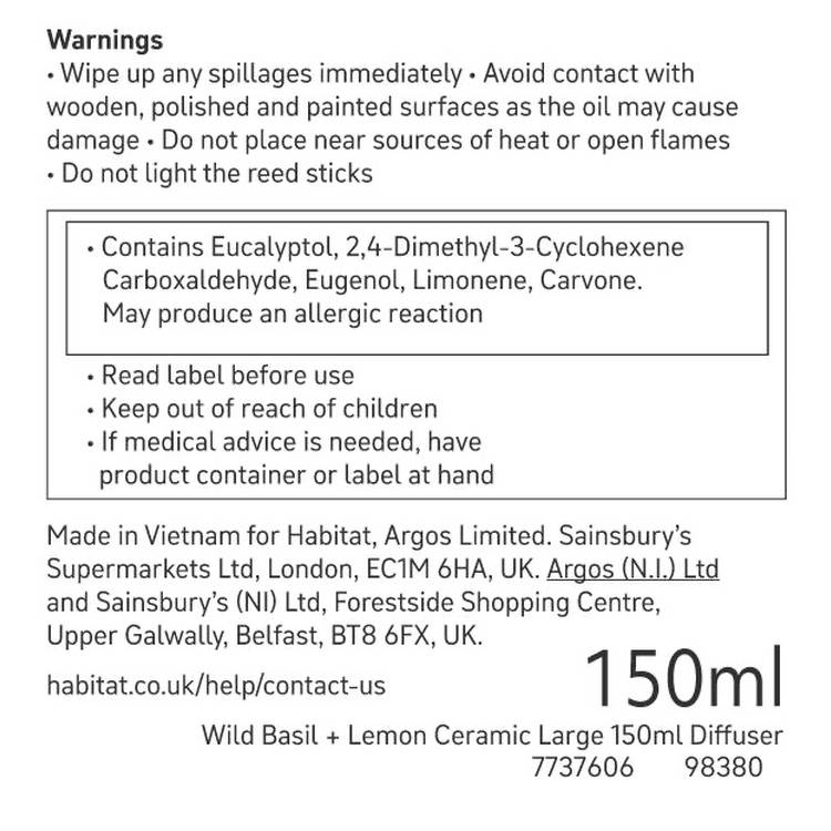 Habitat ceramic reed diffuser Wild Basil Lemon 150ml - British product
