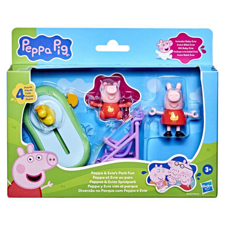 Peppa Pig toy set featuring Peppa and Evie in duck outfits - British product