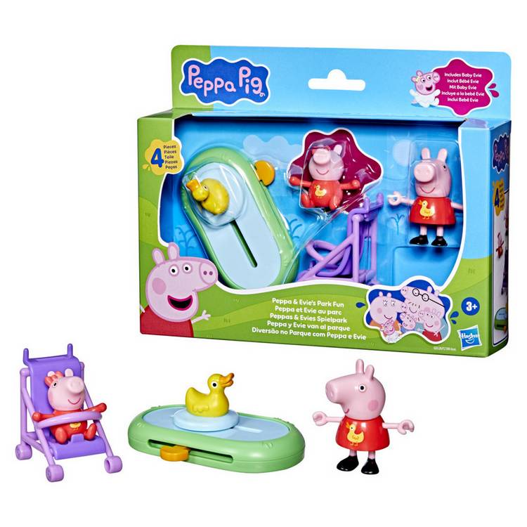 Peppa Pig toy set featuring Peppa and Evie in duck outfits - British product