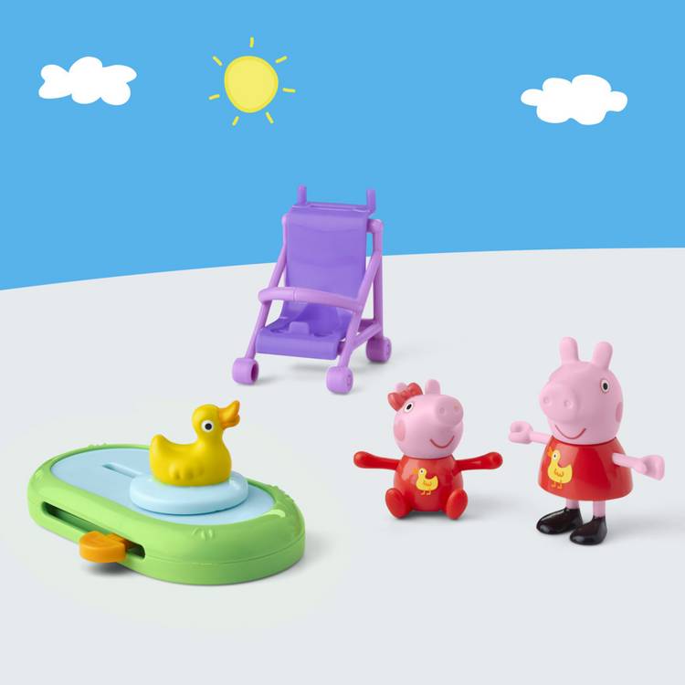 Peppa Pig toy set featuring Peppa and Evie in duck outfits - British product