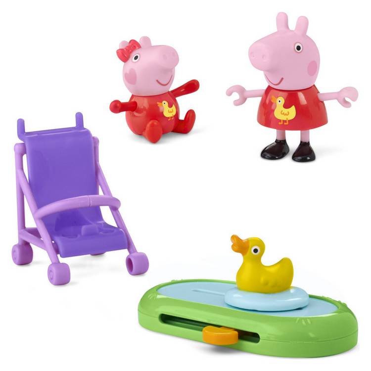 Peppa Pig toy set featuring Peppa and Evie in duck outfits - British product