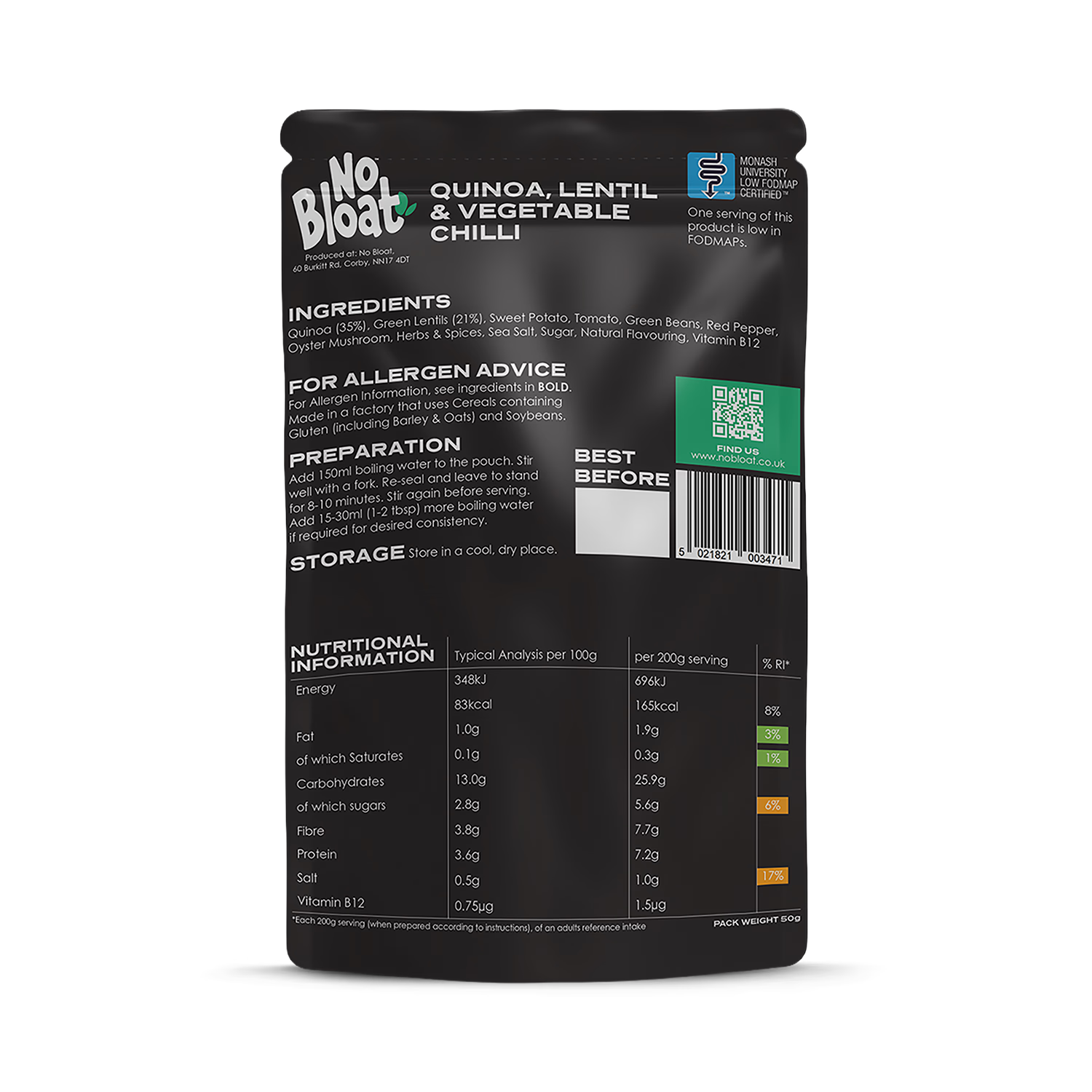 No Bloat quinoa lentil chilli pouches 4x50g - British product