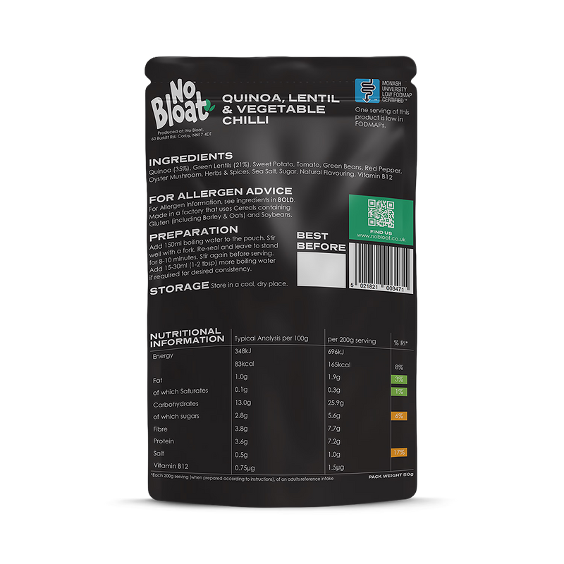 No Bloat quinoa lentil chilli pouches 4x50g - British product