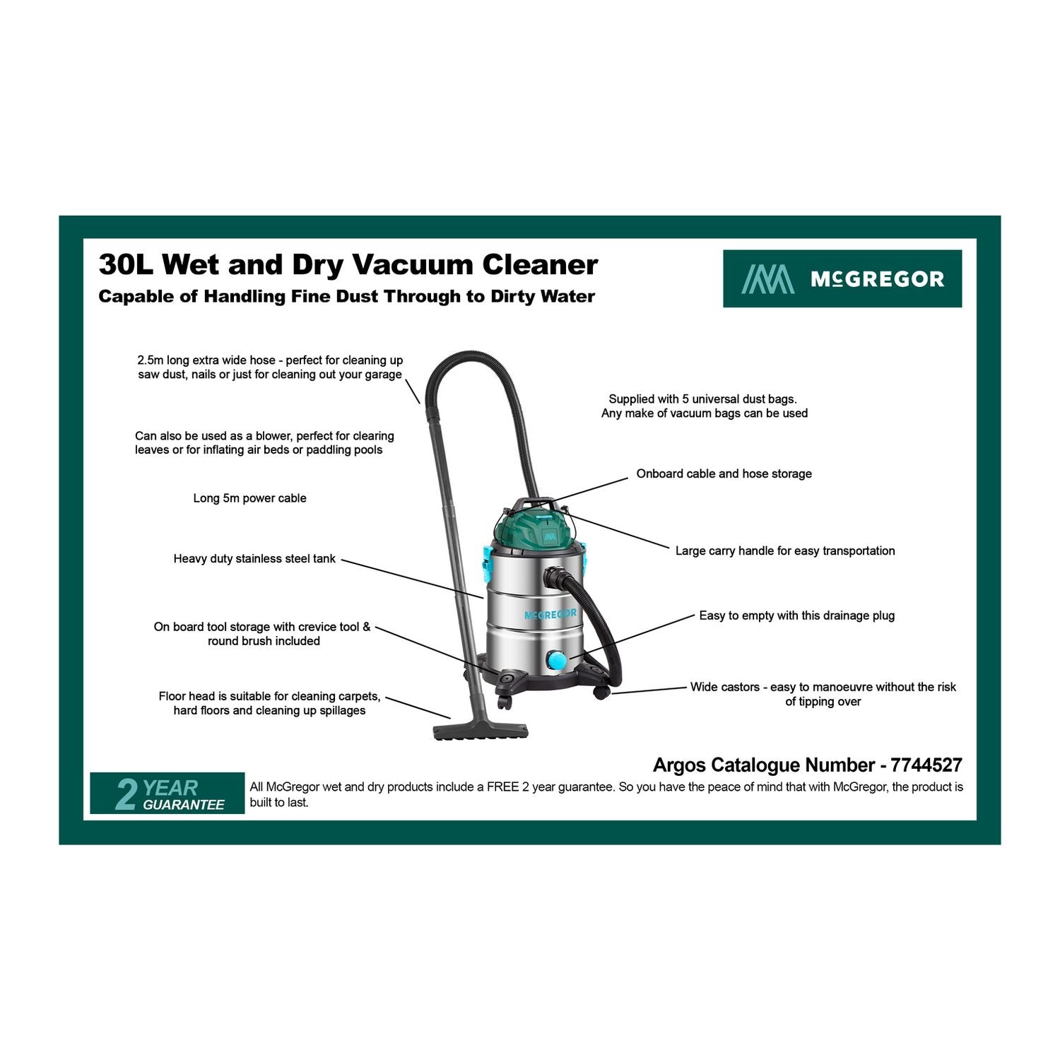 McGregor 30L steel wet and dry vacuum cleaner (British brand)