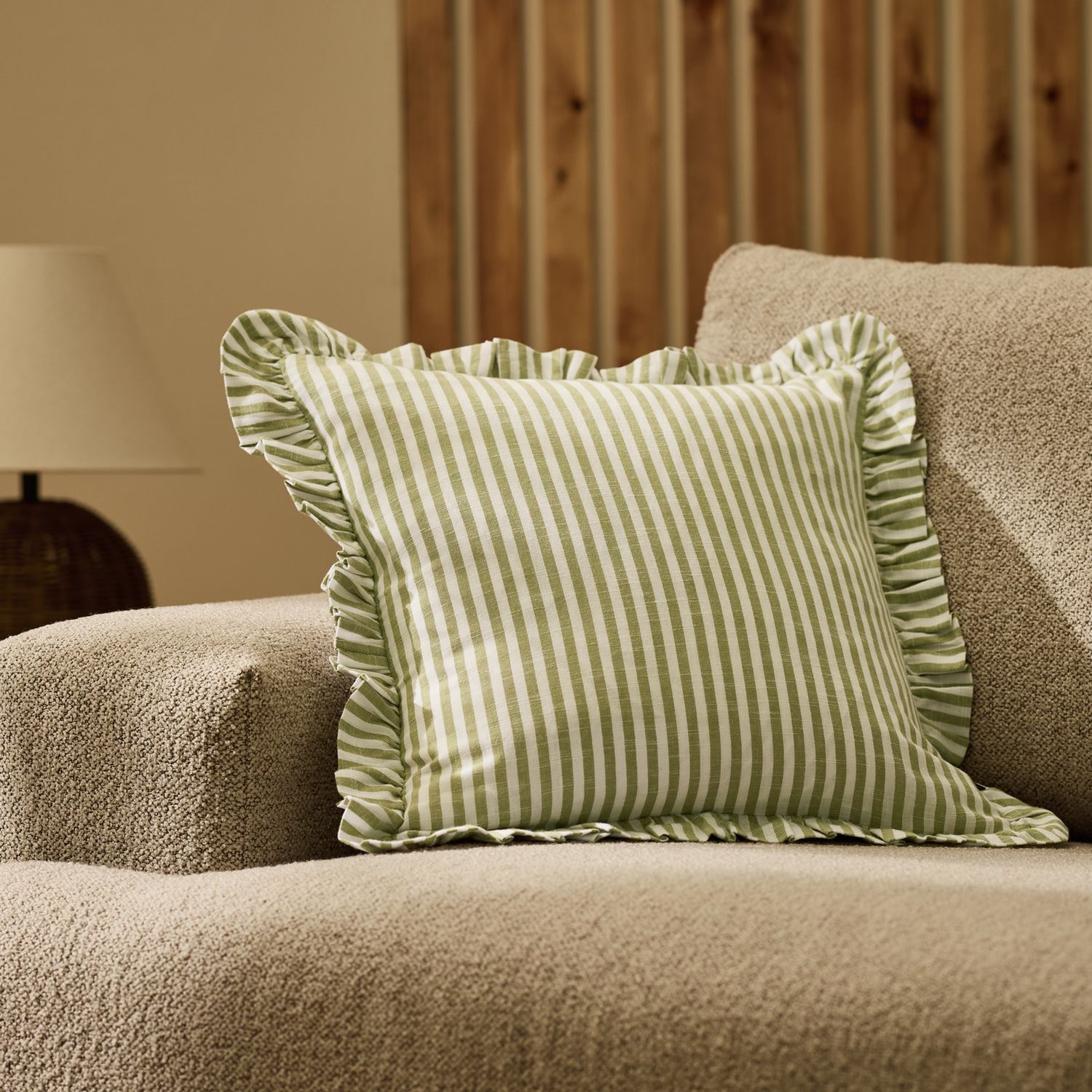 Habitat Stripe Ruffle Cushion - Olive - 43x43cm
