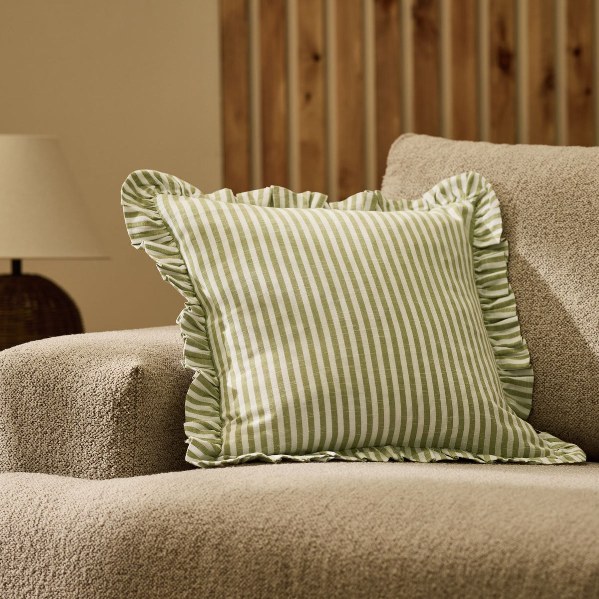 Habitat Stripe Ruffle Cushion - Olive - 43x43cm