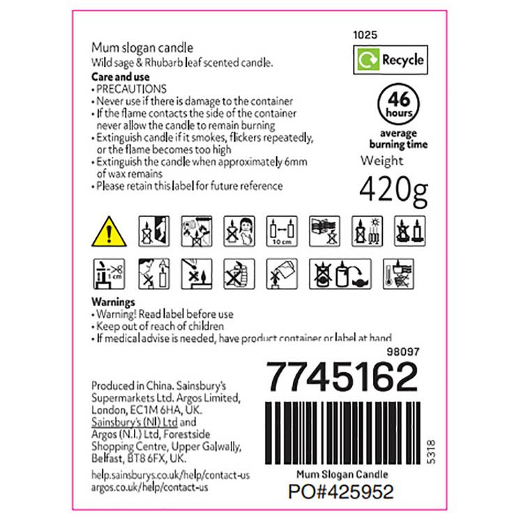 Argos Home floral candle wild sage rhubarb 10cm, imported from the UK
