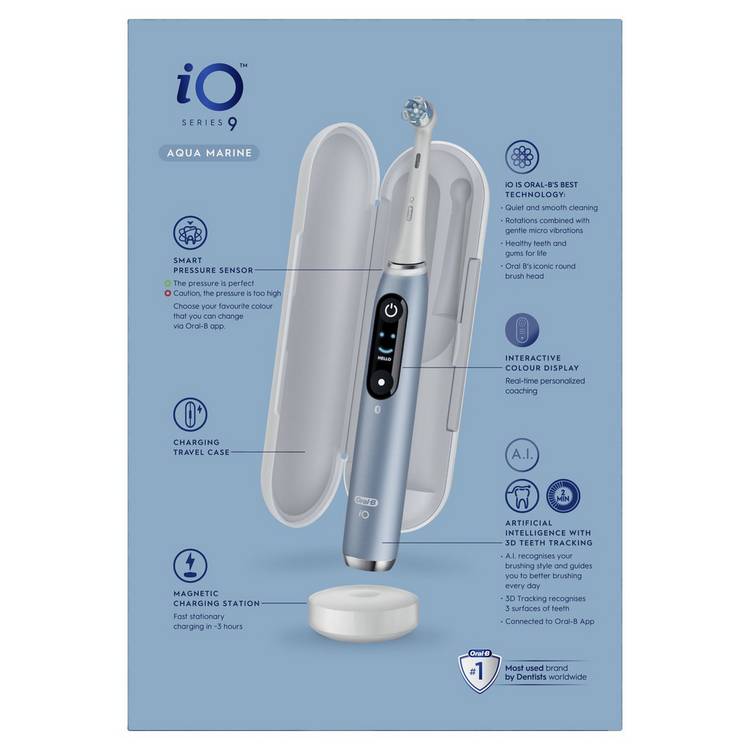 Oral-B iO9 smart toothbrush in sapphire blue (British brand)